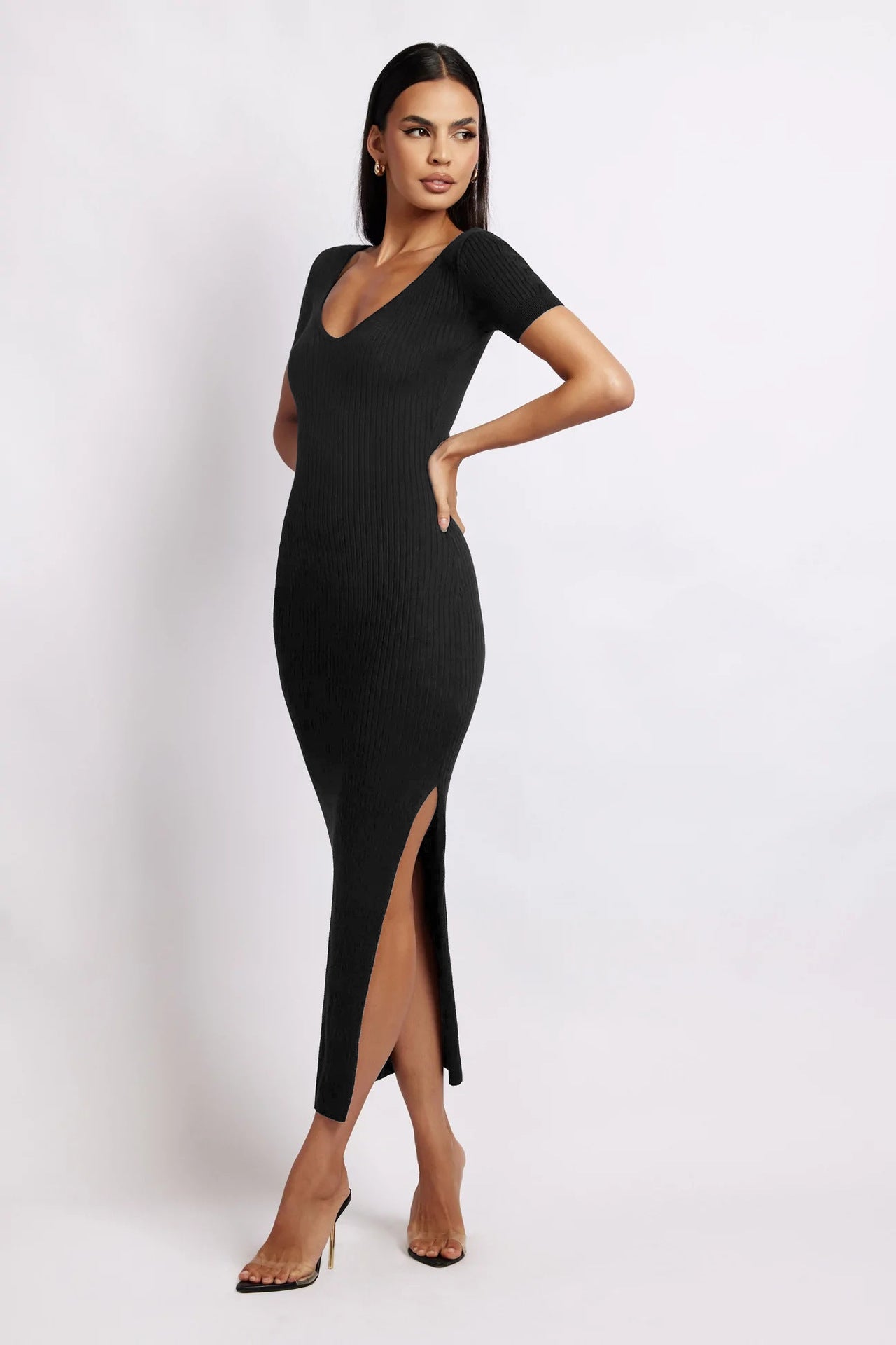 V Neck Vest Tight Split Mid Length Dress