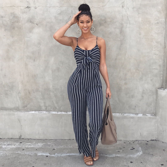 Slim-Fit Striped  Bow One-Piece Jumpsuit