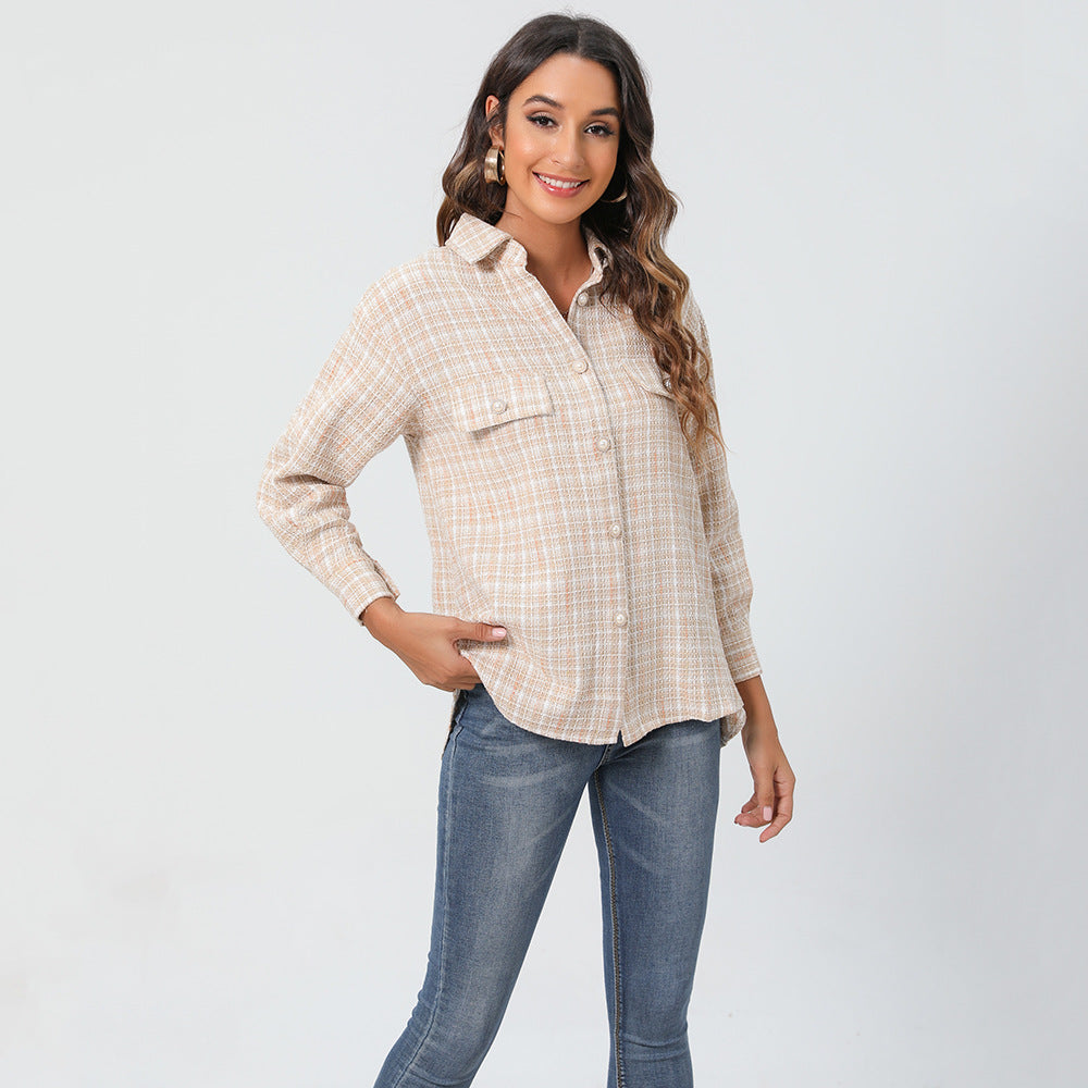 Pearl Buckle Plaid Lapel Long Sleeve Shirt