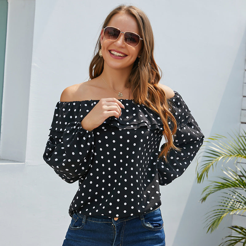 Polka Dot Sophisticated Slim Fit Long Sleeve Pullover off-Shoulder Top