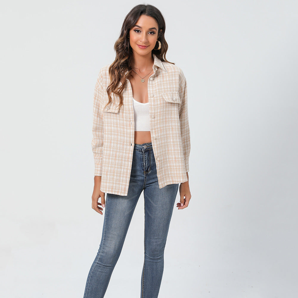 Pearl Buckle Plaid Lapel Long Sleeve Shirt