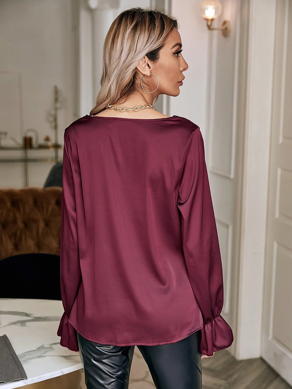 Elegant Graceful Satin Pullover Pile Collar Top