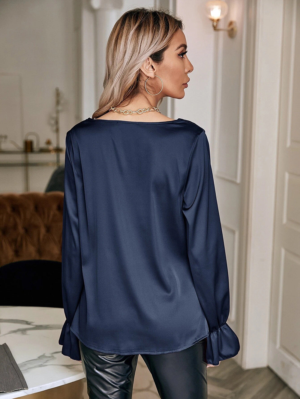 Elegant Graceful Satin Pullover Pile Collar Top