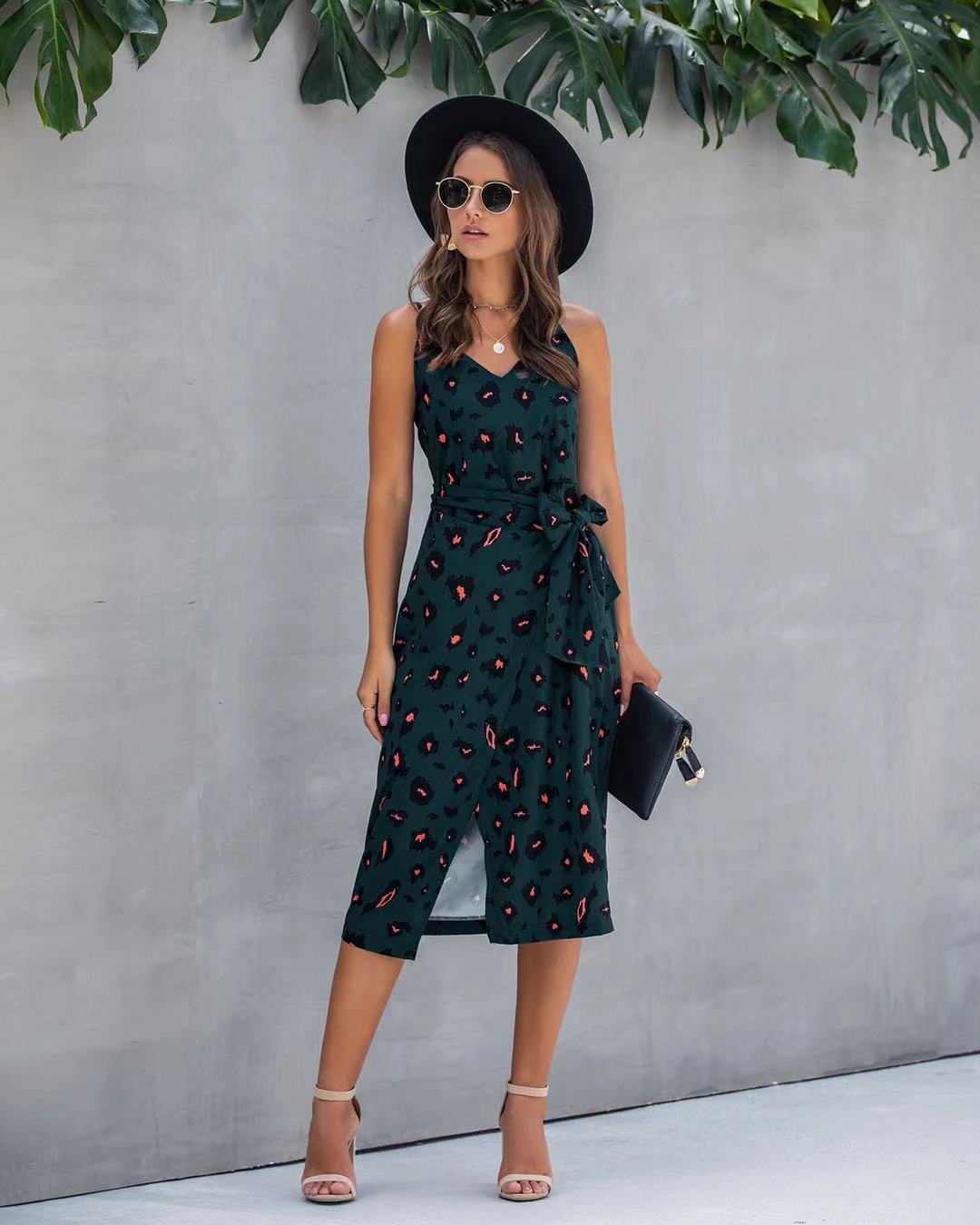 Spaghetti-Strap Floral Print Split Women Dress