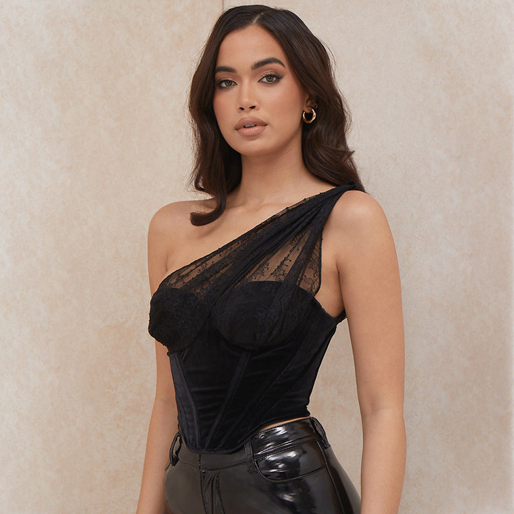 Black Lace One-Shoulder See-through Gold Velvet Fishbone Navel Corset Top